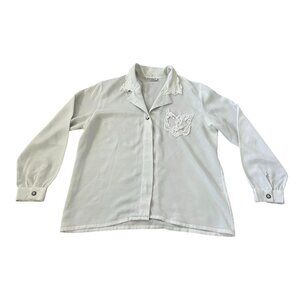 Impression Womens Button Up Shirt White Lace Collared Long Sleeve‎ Pleated